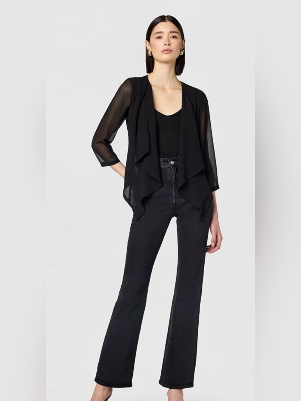 Calvin Klein Black Sheer-Sleeve Draped Camisole Layering Top